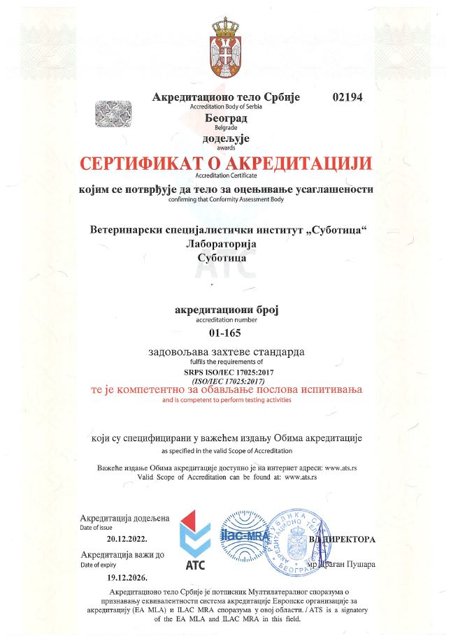 Sertifikat o akreditaciji SRPS ISO/IEC 17025, ATS 01-165